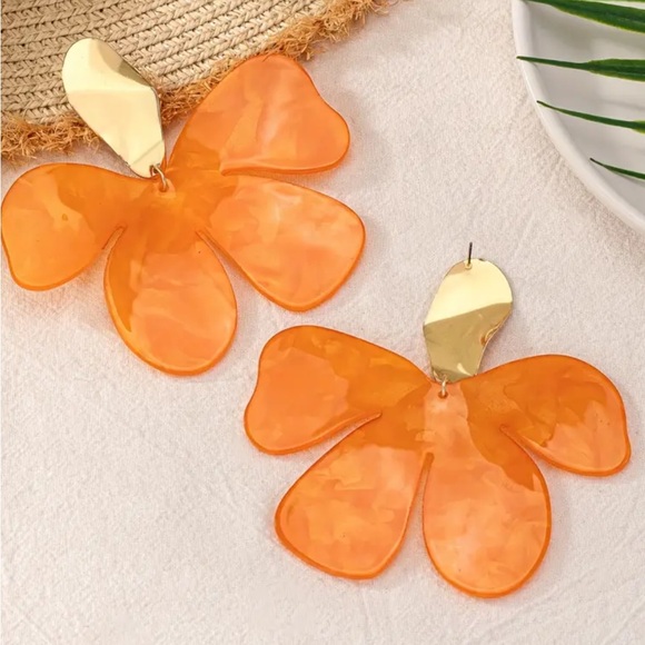 Orange Statement Acrylic Flower Earrings - Picture 2 of 3